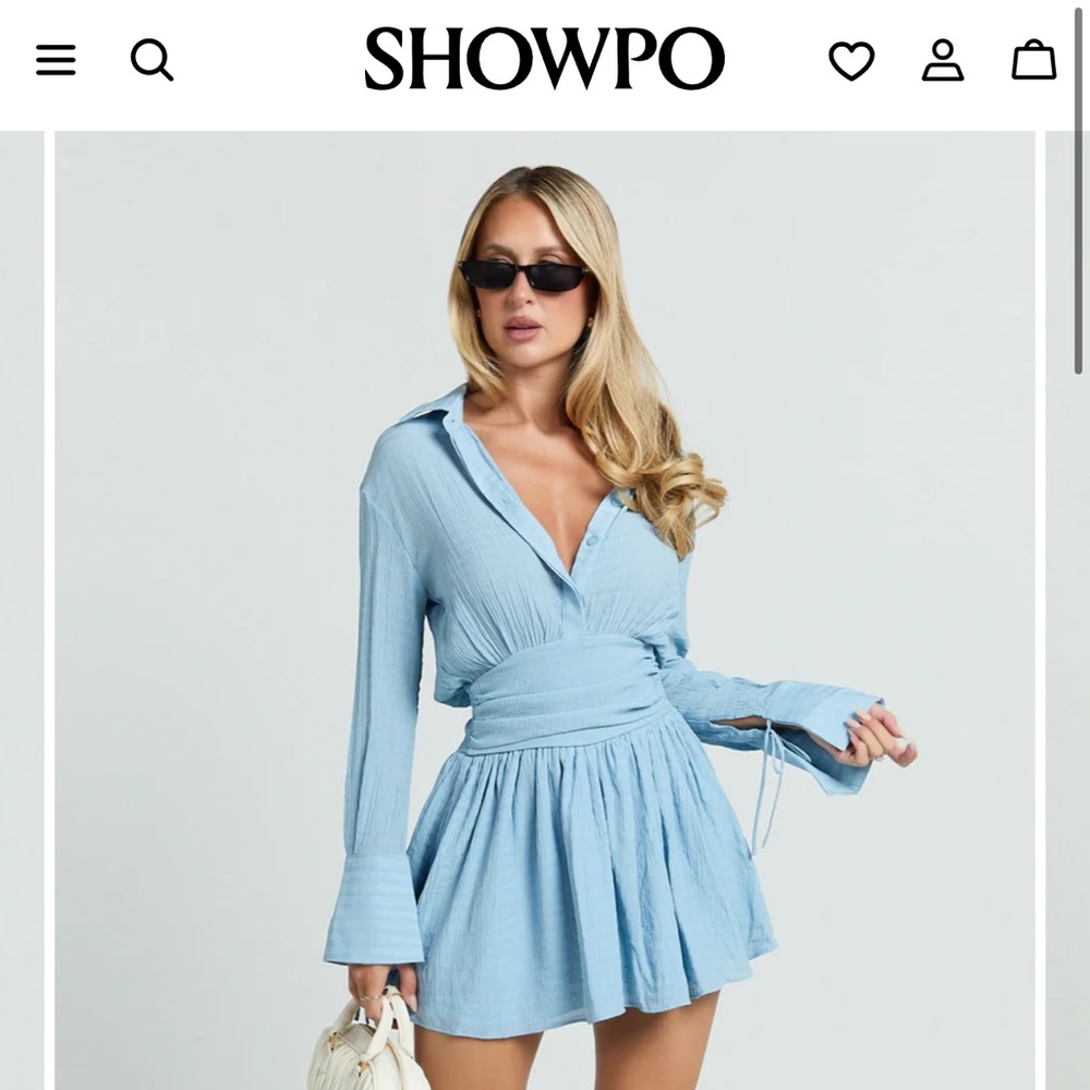Showpo VALERIE MINI DRESS - COLLARED LONG SLEEVE WAIST SHIRT DRESS IN PALE BLUE